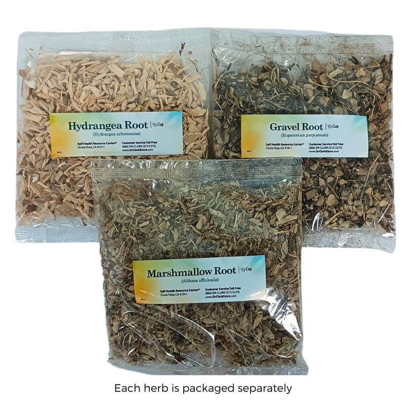 Dr. Clark Store Kidney Cleanse Tea. Half cup each Hydrangea Root, Marshmallow Root, Gravel Root packaged separately.