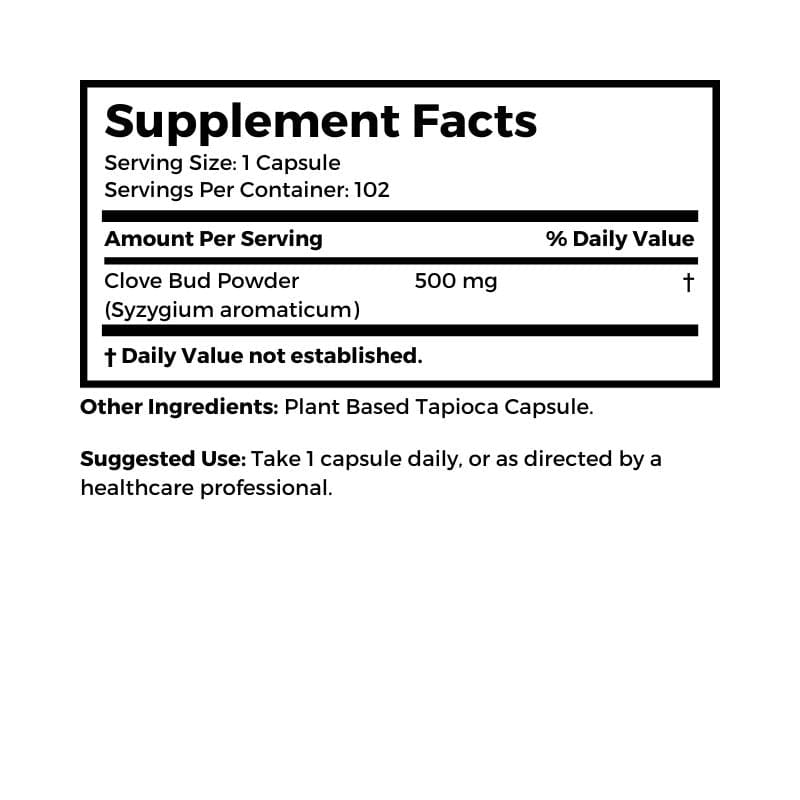 Dr. Clark Store Vegetarian Cloves supplement facts and suggested use