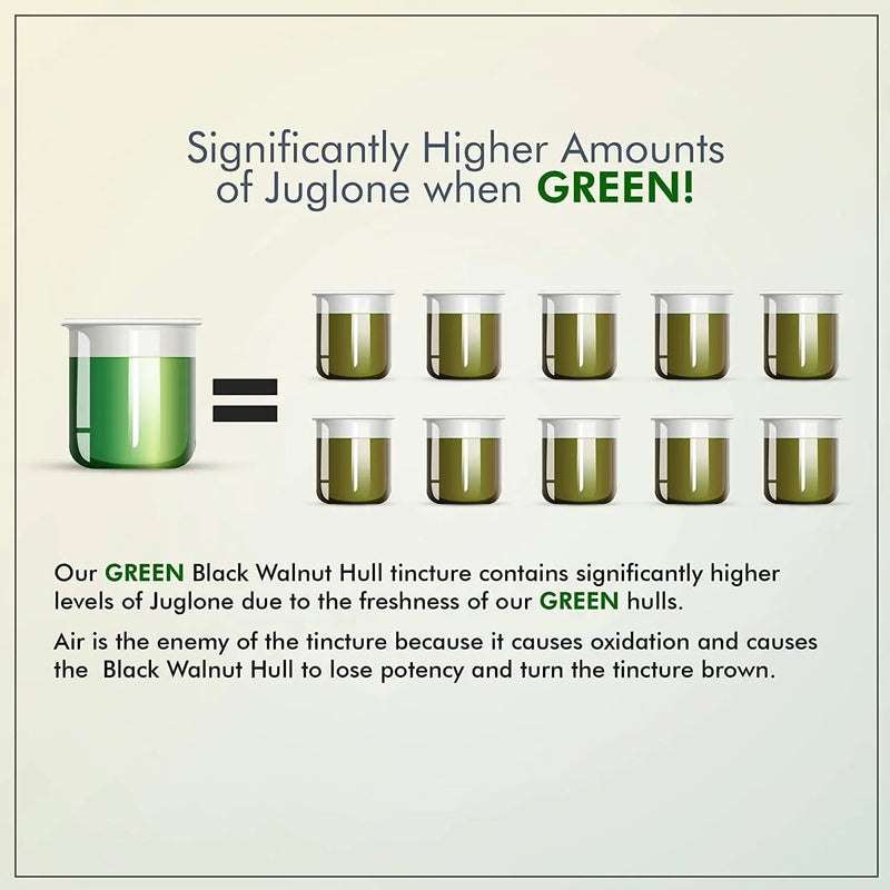 Dr. Clark Store Extra Strength Green Black Walnut Hull Tincture contains significantly higher levels of juglone than brown tinctures sold by other brands. Juglone is the active compound from walnut hull that makes our tincture so potent and effective.