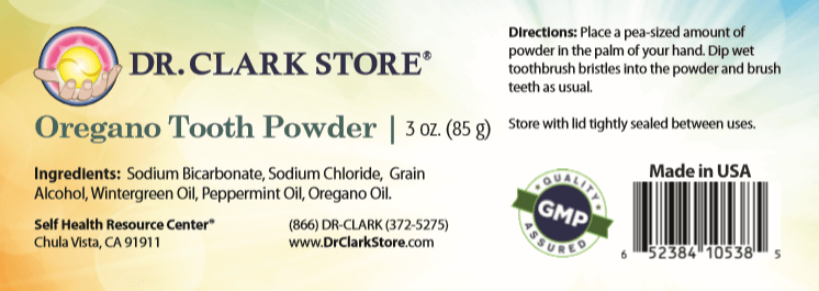 Dr. Clark Store Oregano Tooth Powder label