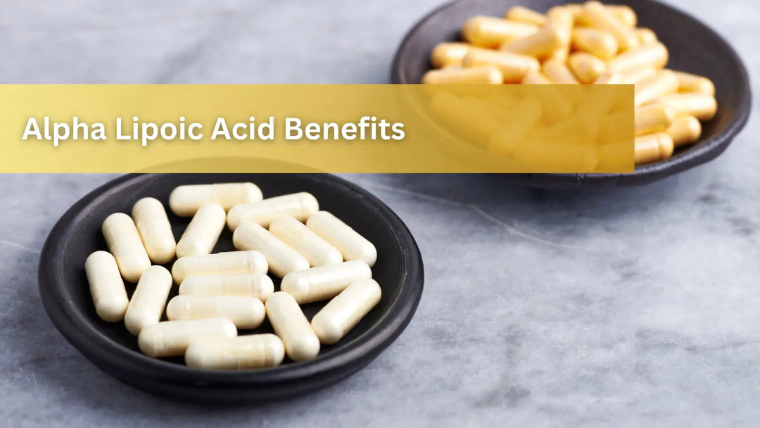  This image shows two small black bowls filled with white and yellow capsules, highlighting the health benefits of Alpha Lipoic Acid.