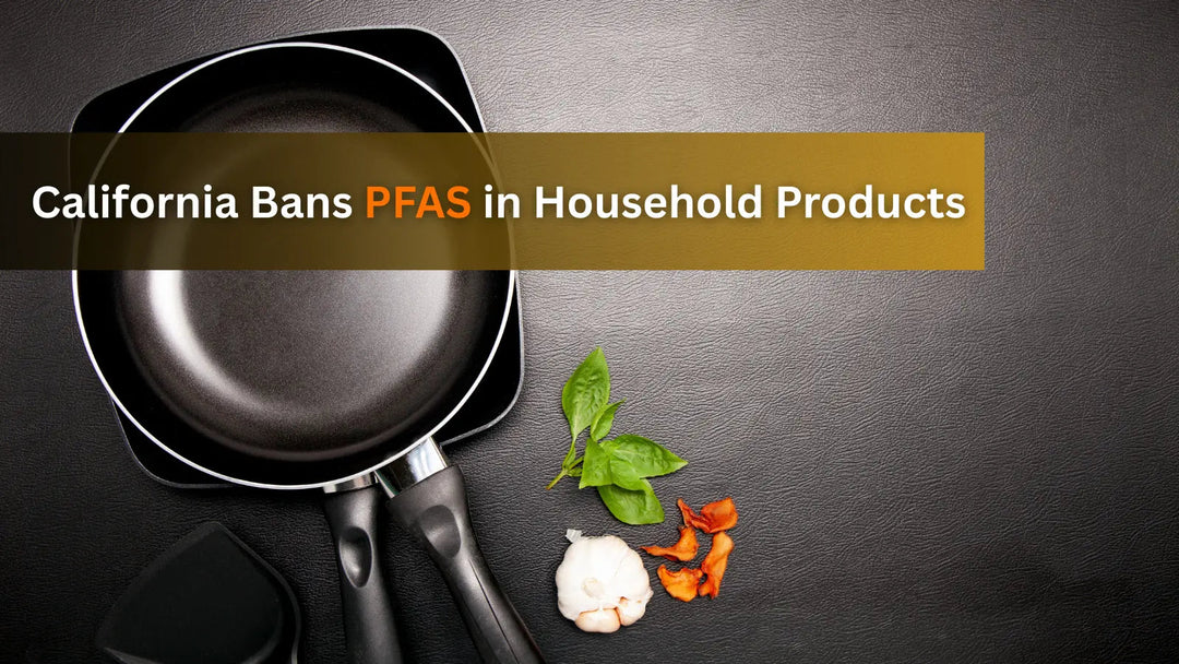  This image features a map of California and a stop sign, reporting on the state's pioneering laws to ban "forever chemicals" (PFAS) from numerous household products.