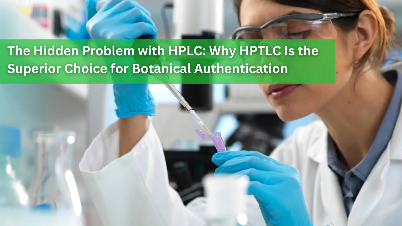 A scientist in a lab coat and gloves using a pipette to transfer liquid, with the title "The Hidden Problem with HPLC: Why HPTLC Is the Superior Choice for Botanical Authentication."