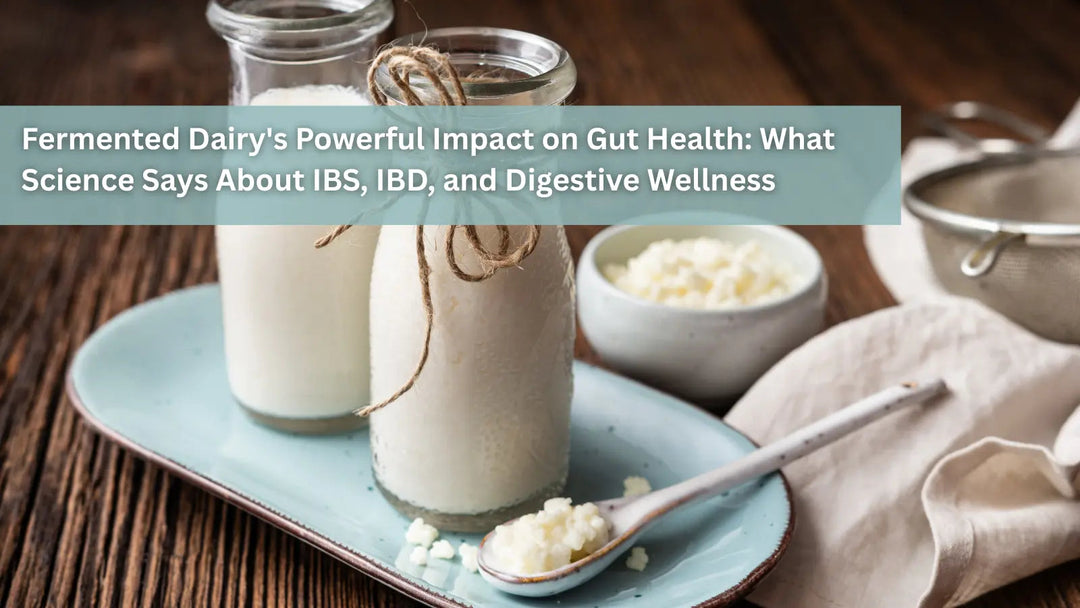Two small glass bottles of creamy white kefir (fermented dairy) sitting on a tray with a spoon of kefir grains, highlighting its benefits for gut health and digestive wellness.