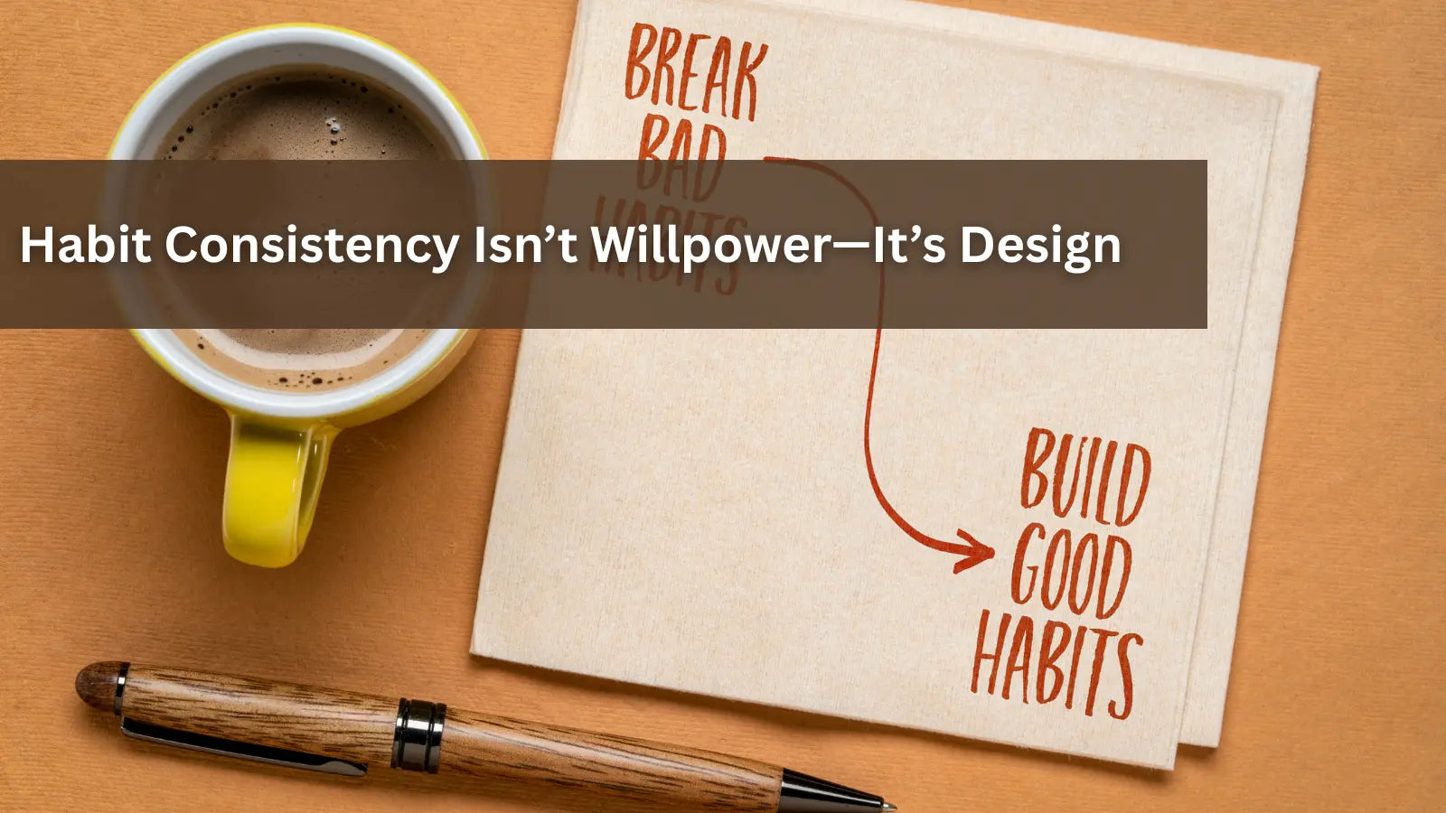  A cup of coffee next to a notebook with a diagram about breaking bad habits and building good ones, explaining that consistency is a matter of design, not just willpower.