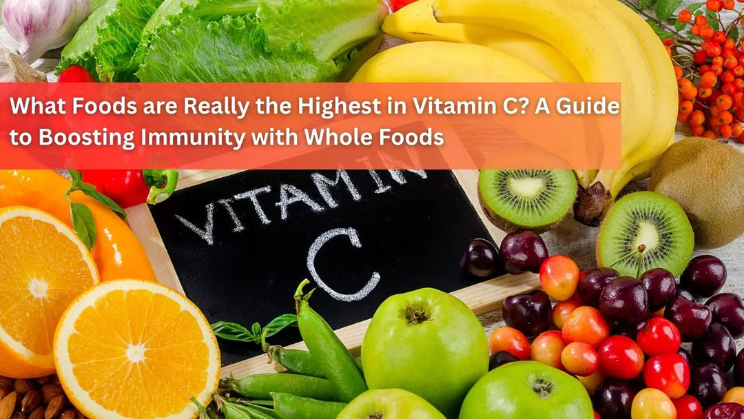 An array of colorful fruits and vegetables—including oranges, kiwi, berries, and leafy greens—surrounding a small chalkboard that says "Vitamin C," exploring whole-food sources for immunity.