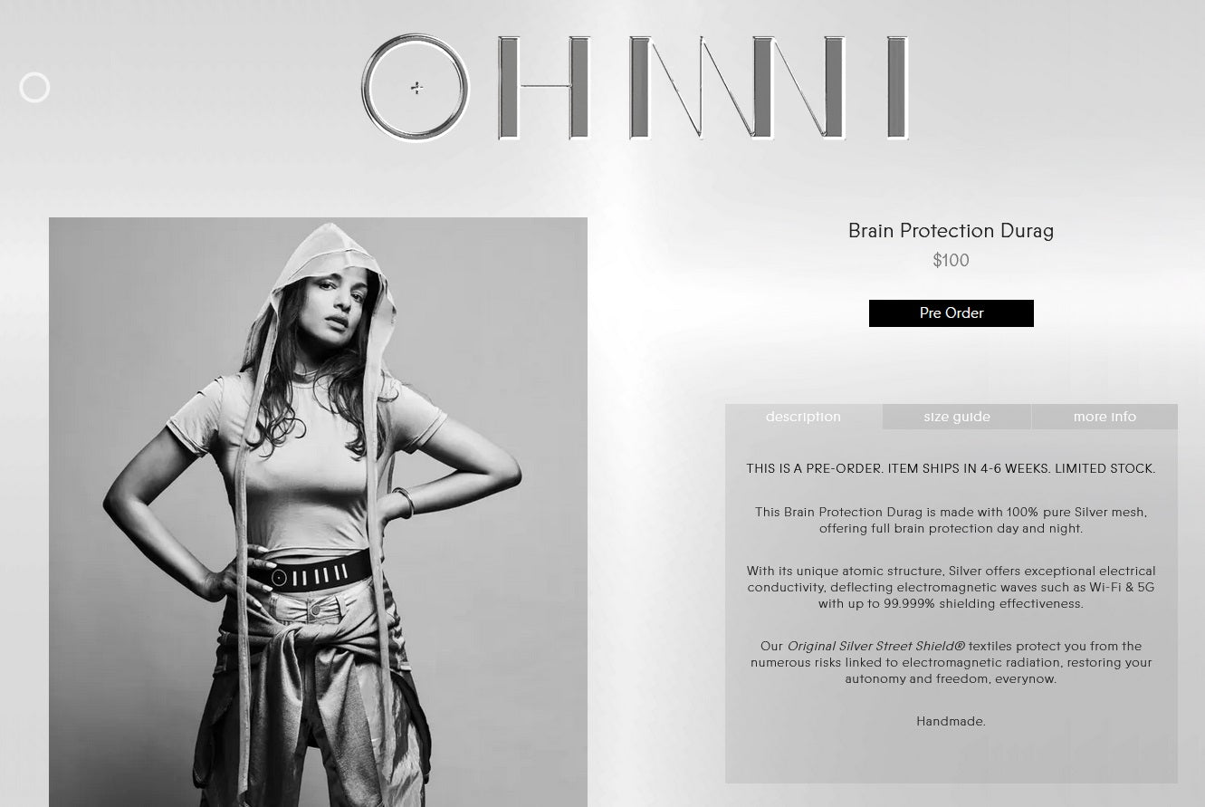 Product page for a silver mesh "Brain Protection Durag."