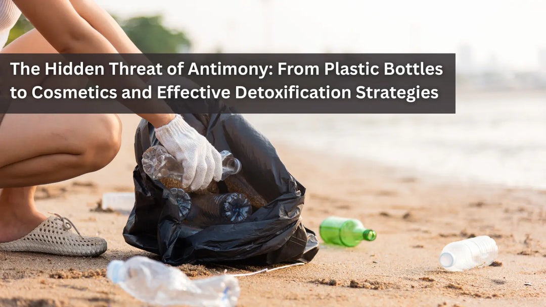 A person with a glove picks up a plastic bottle from a sandy beach and puts it into a black garbage bag.