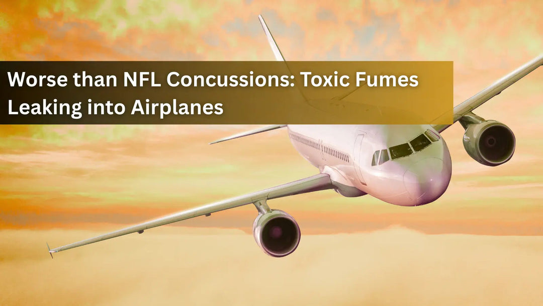 his image features an airplane in flight, exploring the critical health risks associated with toxic fume events inside commercial aircraft.