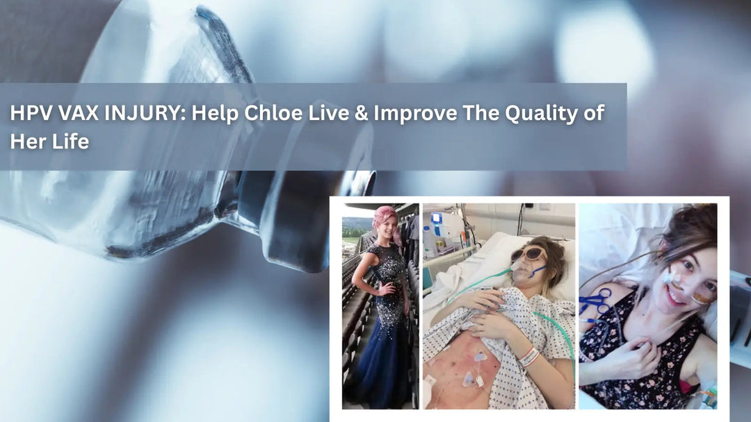 A medical vial in the background with three inset photos of a young woman: one in a formal gown, one lying in a hospital bed with medical equipment, and one smiling while wearing nasal tubes.