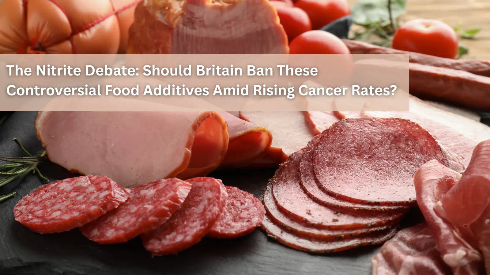  A close-up of various sliced cured meats and deli ham on a dark surface, with the title "The Nitrite Debate."
