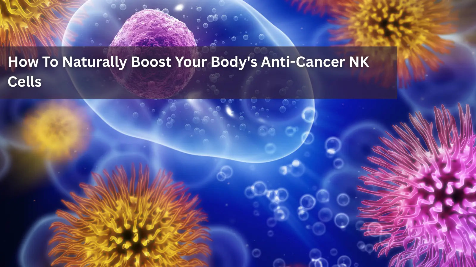 An abstract medical illustration of a large, blue Natural Killer (NK) cell surrounded by several spiky, colorful cancer cells and bubbles.