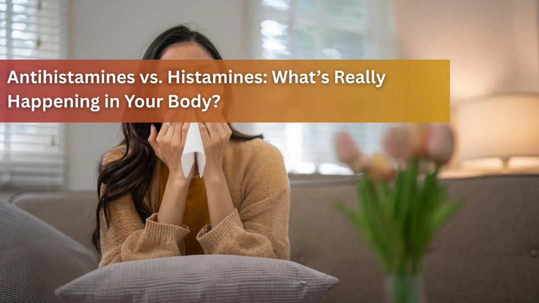 A woman sneezing into a tissue, exploring the internal biological effects of antihistamines versus histamines.