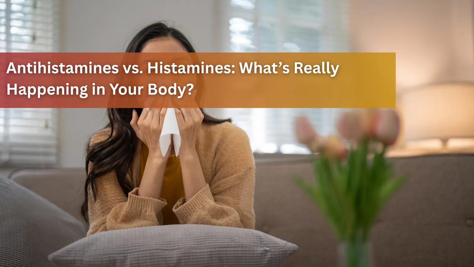 A woman sneezing into a tissue, exploring the internal biological effects of antihistamines versus histamines.