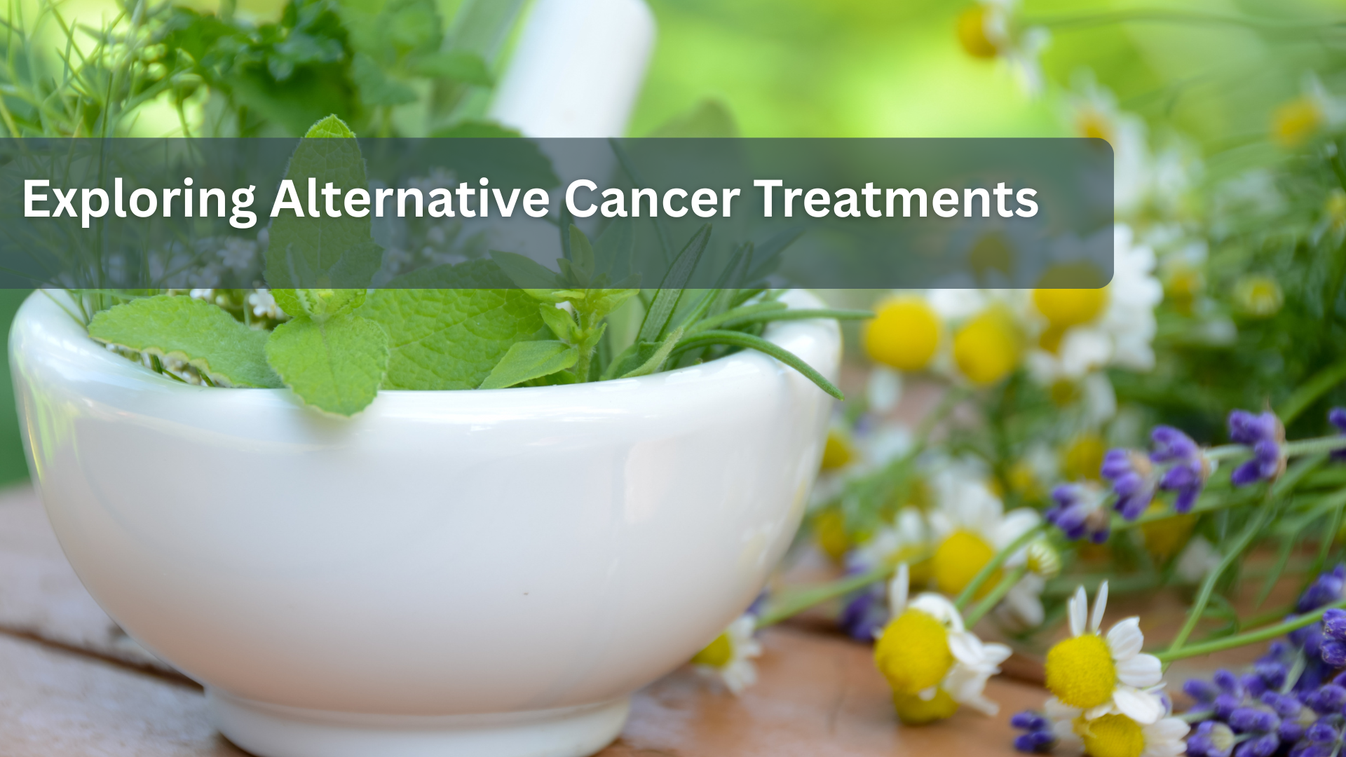 Fresh herbs and flowers in a white mortar and pestle.