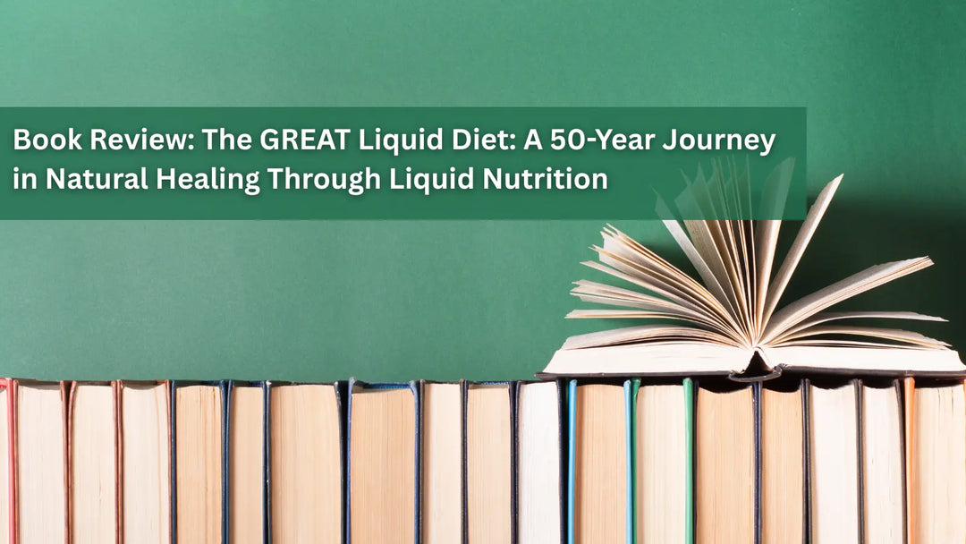 An open book on top of a row of books, with the title "Book Review: The GREAT Liquid Diet."