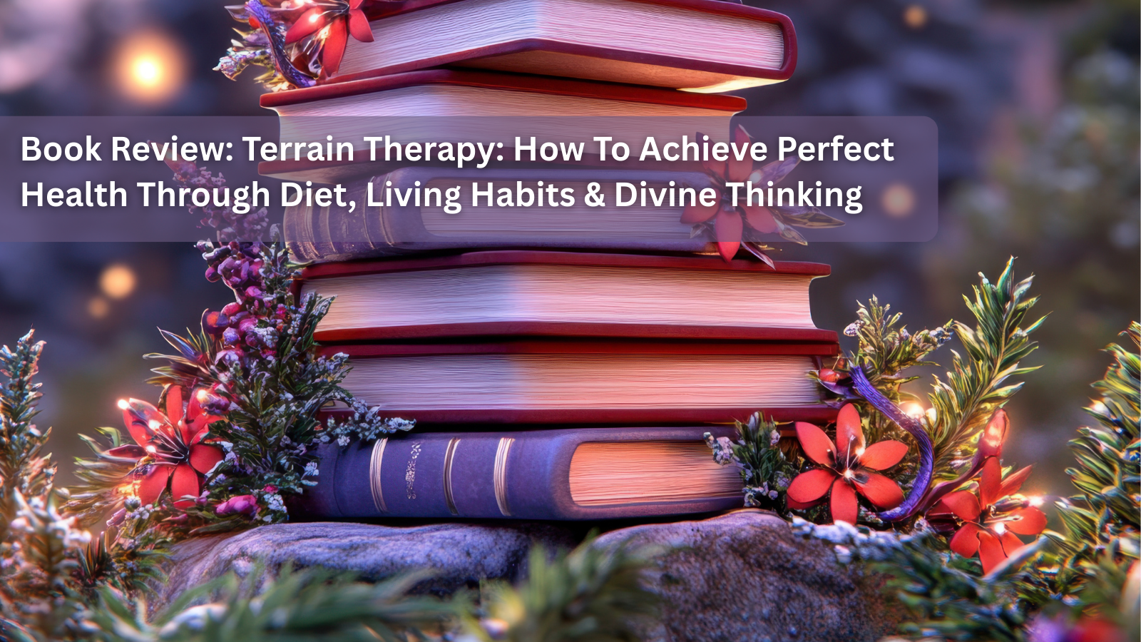 A stack of purple books decorated with flowers and fairy lights.