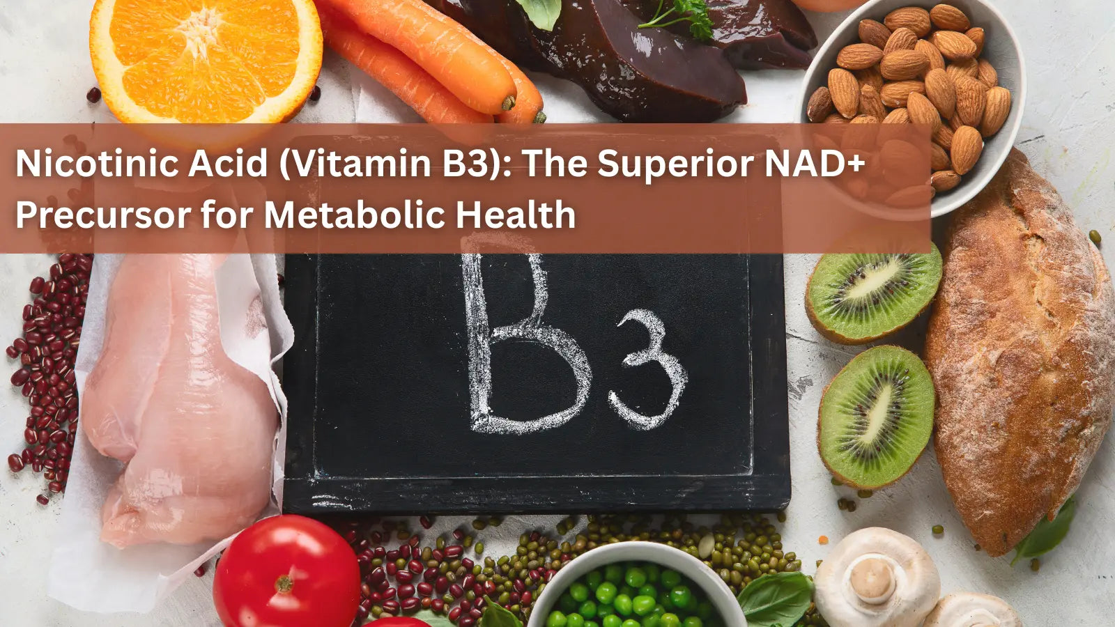 Various foods rich in Vitamin $B_3$ (Nicotinic Acid), including chicken, liver, kiwi, almonds, and bread, with a chalkboard sign for $B_3$.