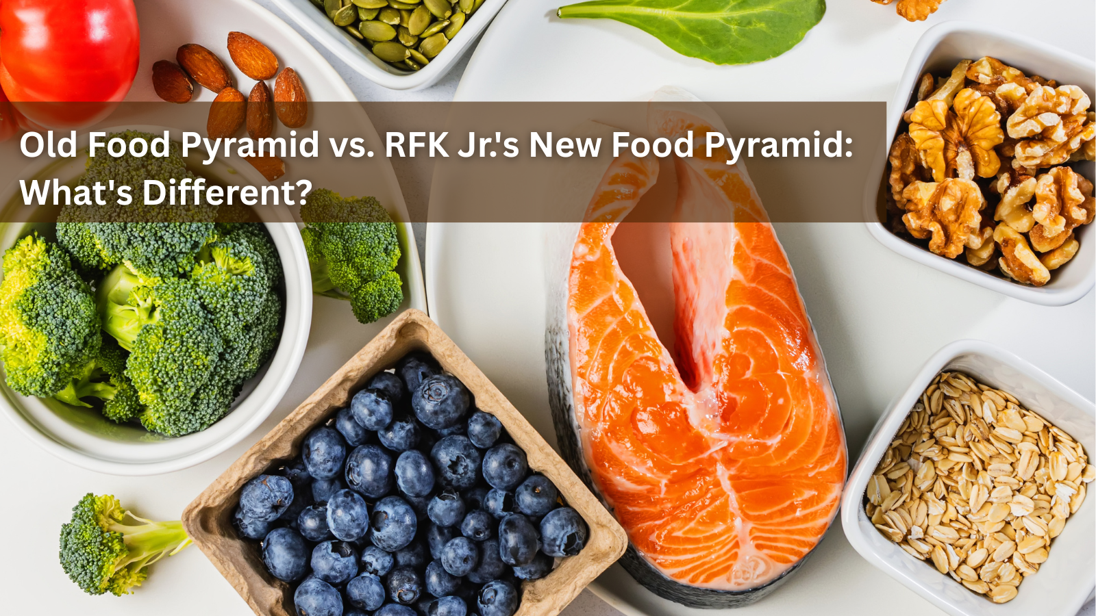 Bowls of salmon, blueberries, broccoli, walnuts, and oats.