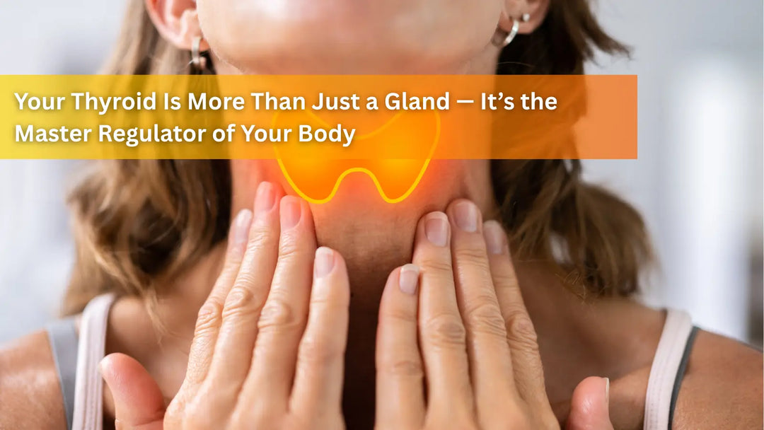 A woman holds her hands to her neck where a glowing orange thyroid gland is digitally illustrated.