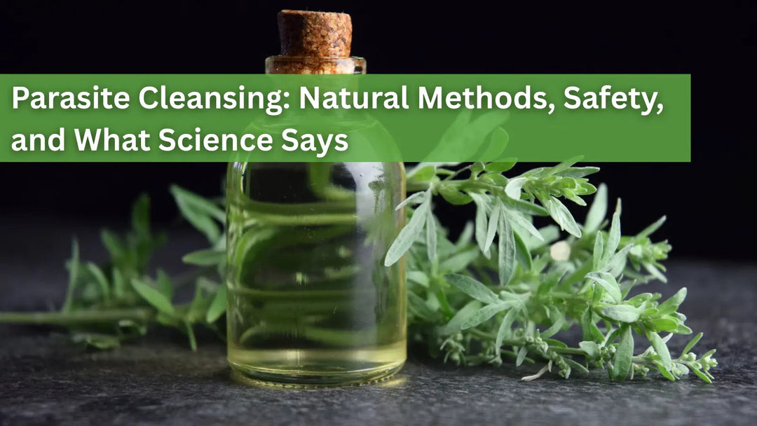 This image shows a small glass bottle of yellow liquid with a cork stopper, placed next to a fresh green herb on a dark surface.