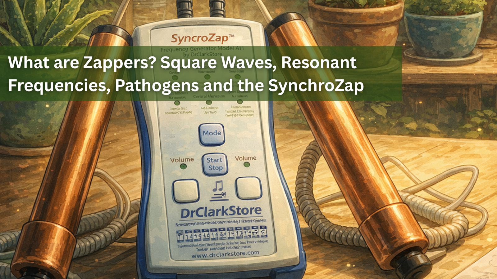 This image shows the SynchroZap, a frequency generator device used in alternative medicine to target pathogens using specific electrical waves.