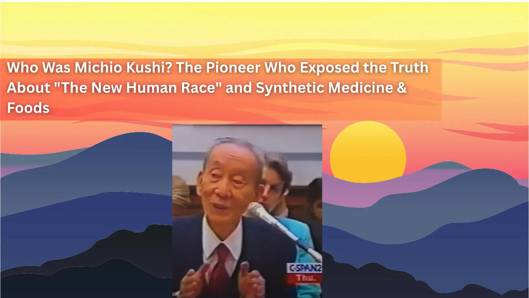 A portrait of Michio Kushi speaking into a microphone, set against a stylized background of purple mountains and a yellow sun.