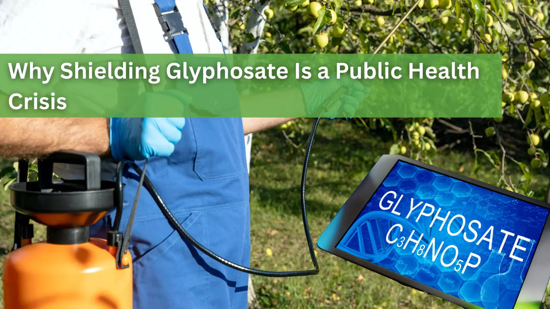 This image shows a person in blue overalls and gloves using a sprayer in an orchard, with a digital screen in the foreground displaying the chemical formula for glyphosate.