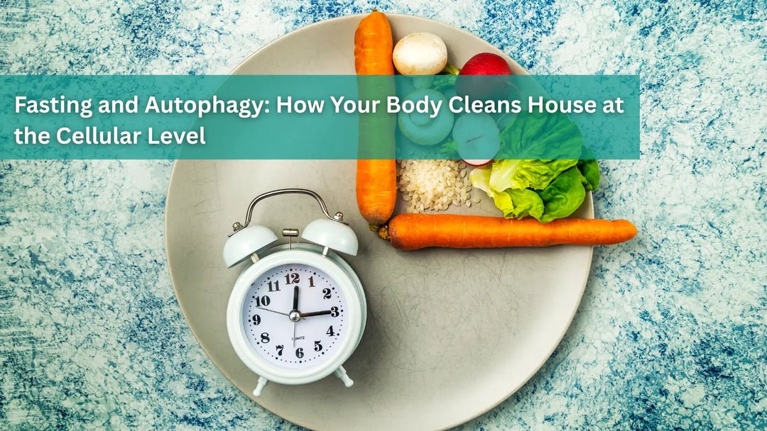 Overhead view of a clock and vegetables on a plate, with the title "Fasting and Autophagy."
