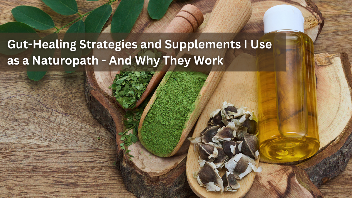 Wooden scoops of green herbal powders and a bottle of oil.