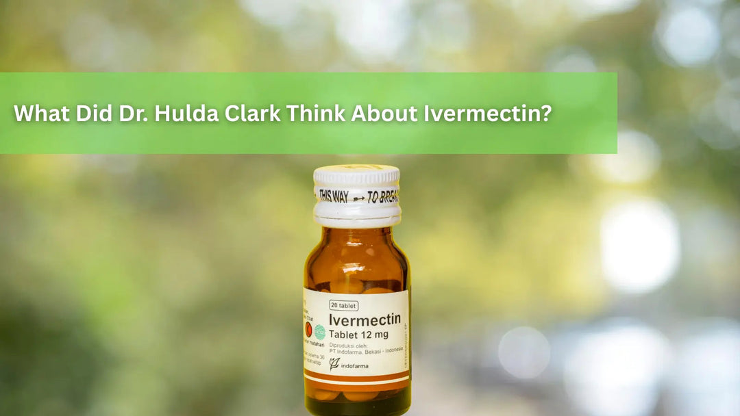 A small, brown glass medicine bottle labeled "Ivermectin Tablet 12 mg" standing against a blurred, green leafy background.