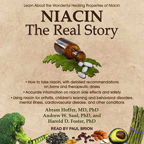 Book cover titled "Niacin: The Real Story" with images of vitamins and vegetables.