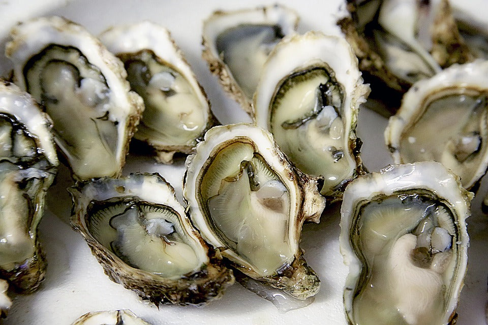 Several raw oysters in their shells on a white surface.
