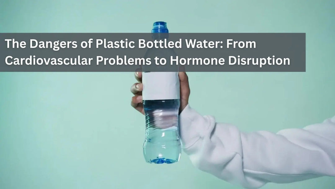 This image shows a person's hand holding a single plastic water bottle with a white label against a solid light-teal background.