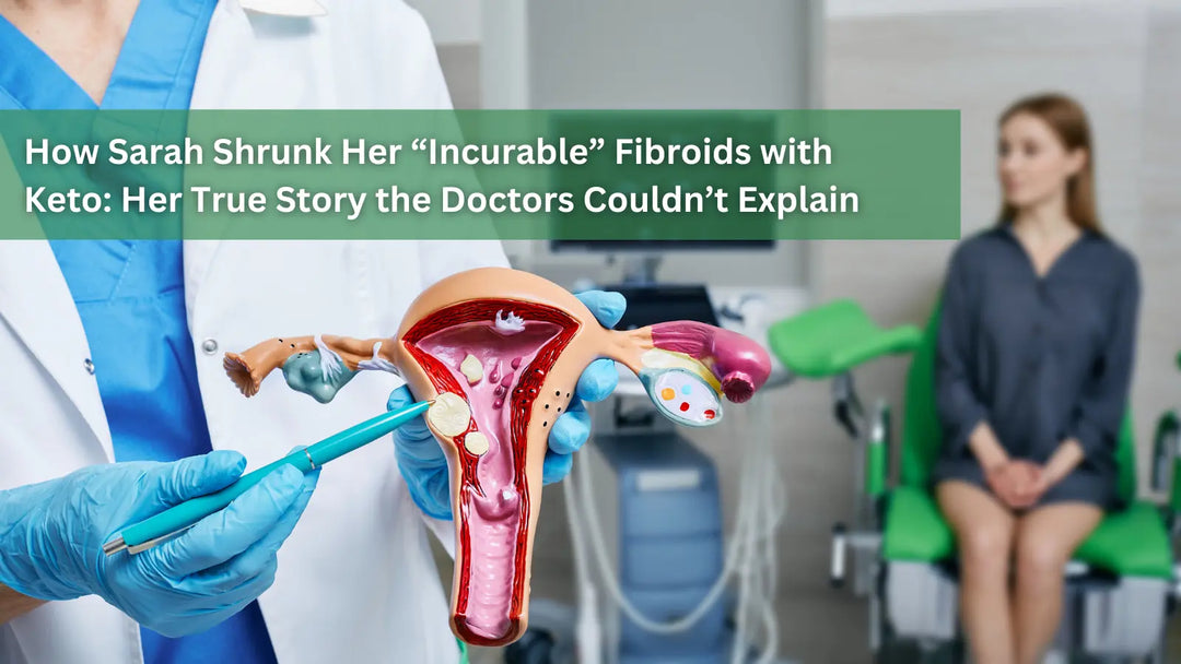 Doctor holding a uterus model showing fibroids, with a patient seated in a clinic exam room.