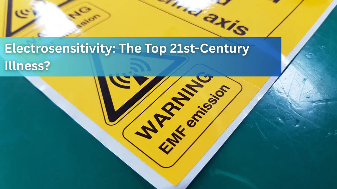 A yellow warning sign for EMF emissions, questioning if electrosensitivity is a major illness of the 21st century.
