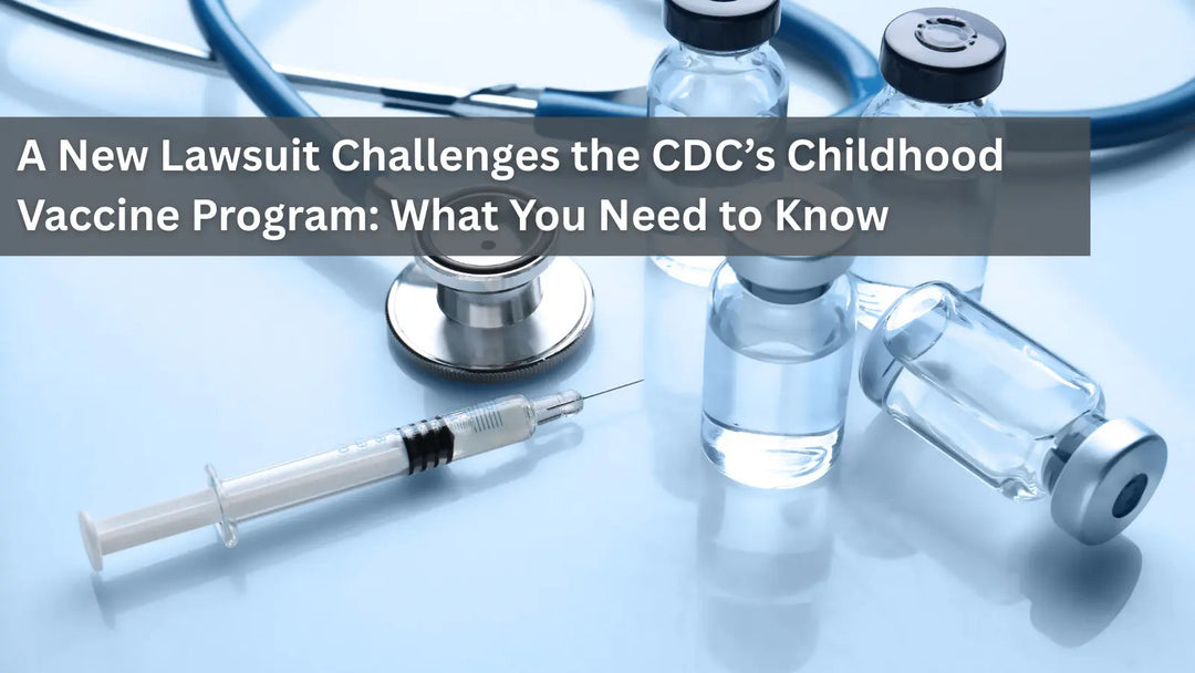 This image shows a woman in a white lab coat and a stethoscope around her neck, standing next to a headline about a lawsuit challenging the CDC’s childhood vaccine program.