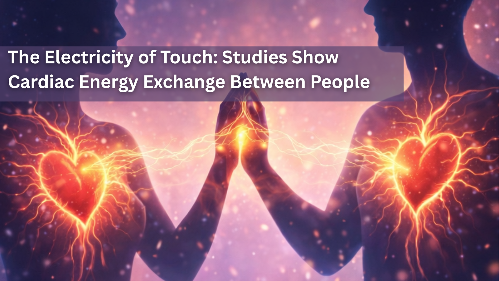 Two human silhouettes touching hands with glowing hearts and energy lines.