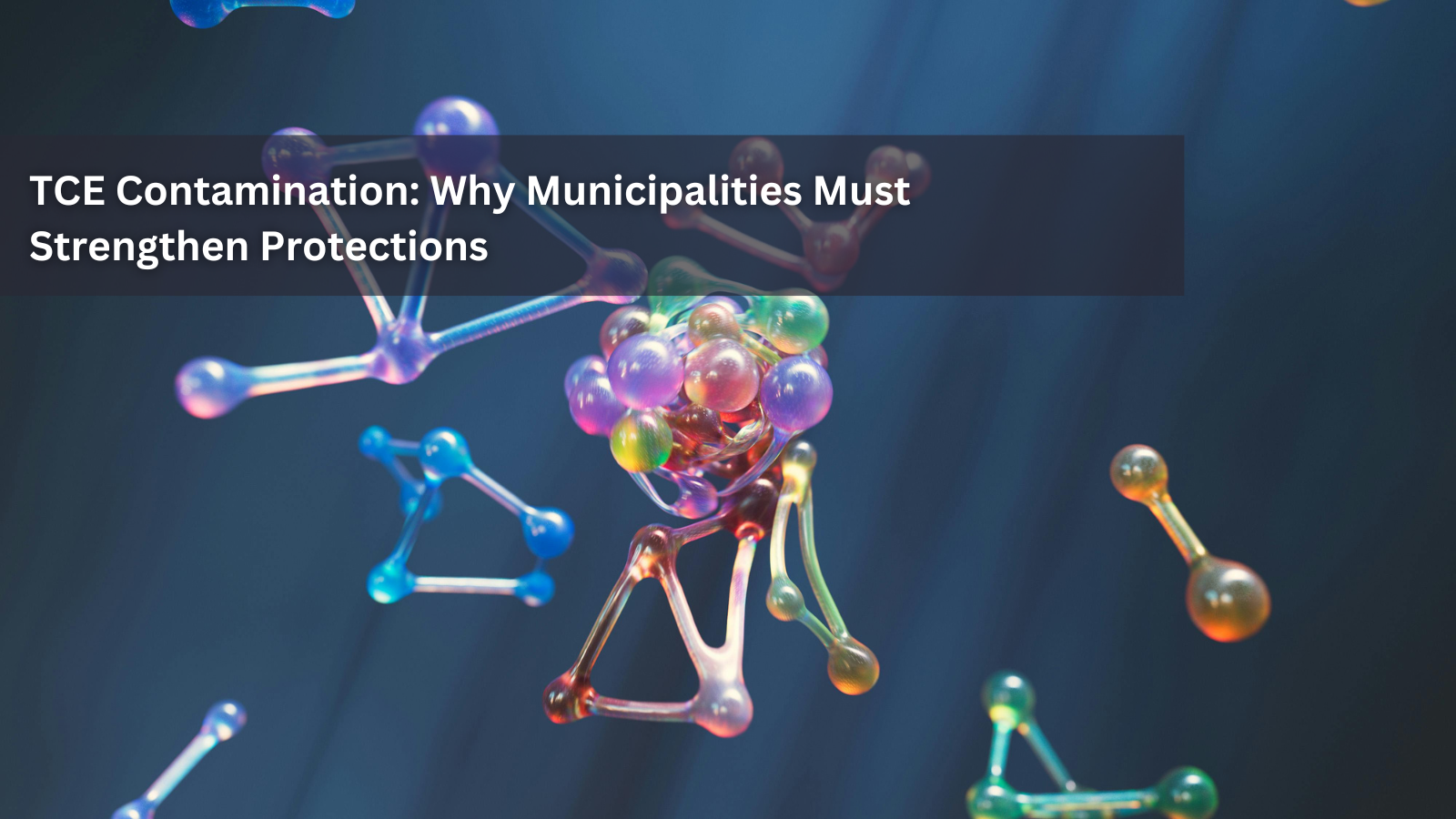 A dark, abstract image featuring brightly colored, complex molecular structures, with the overlaid title text: 