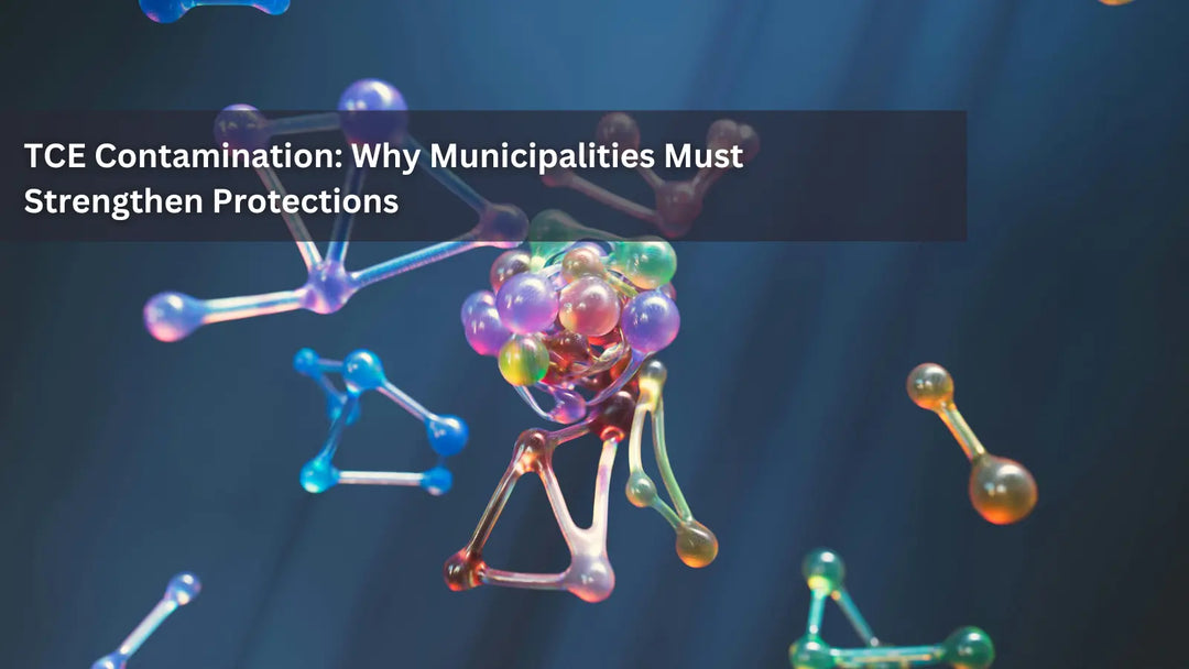 A dark, abstract image featuring brightly colored, complex molecular structures, with the overlaid title text: "TCE Contamination: Why Municipalities Must Strengthen Protections"