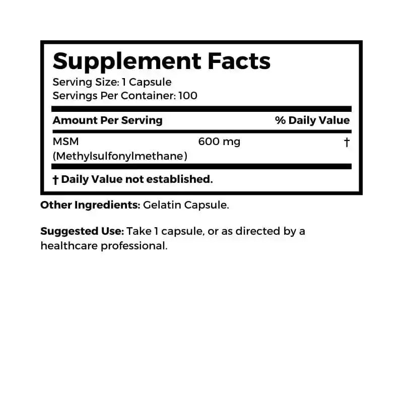 Dr. Clark Store MSM, 600 mg, 100 capsules supplement facts and suggested use 