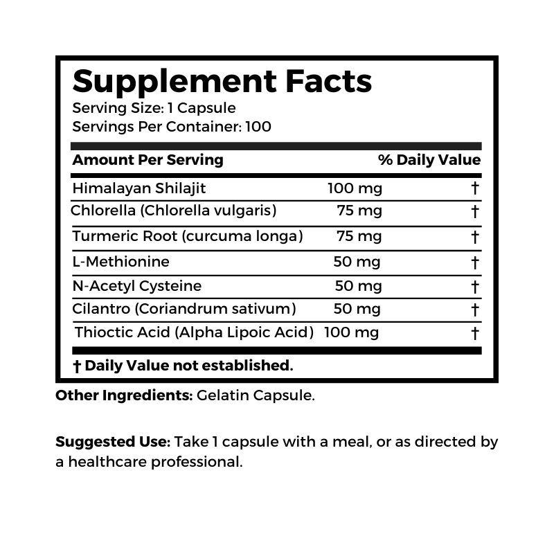 Dr. Clark Store Heavy Metal Gone supplement facts and suggested use