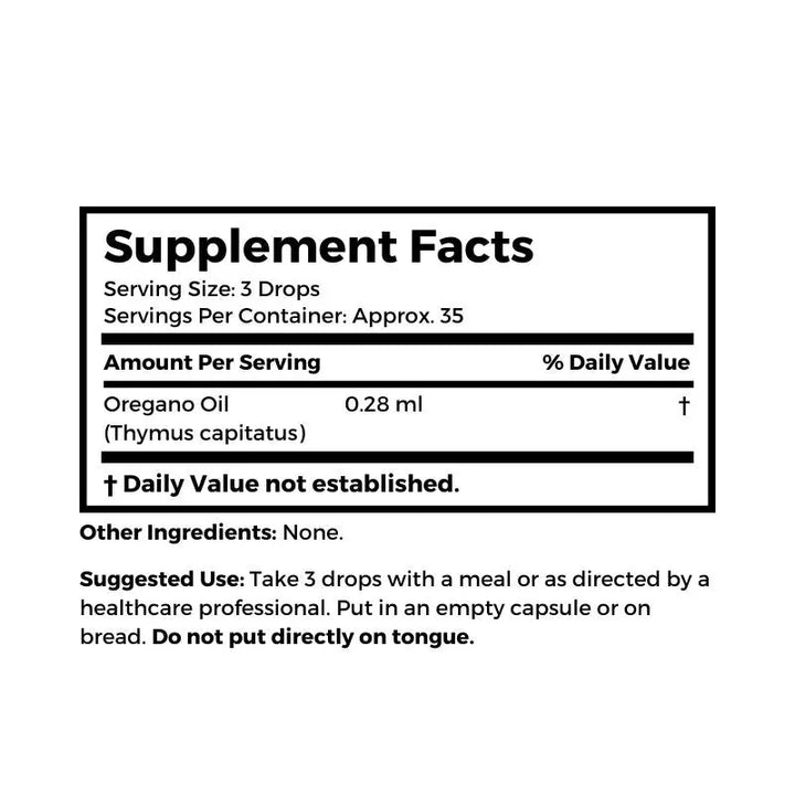 Dr. Clark Store Oregano Oil supplement facts and suggested use