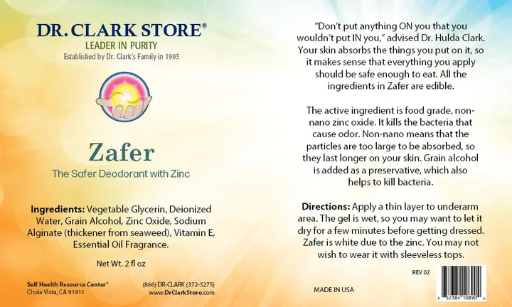 Dr. Clark Store Zafer Zinc Oxide Deodorant label