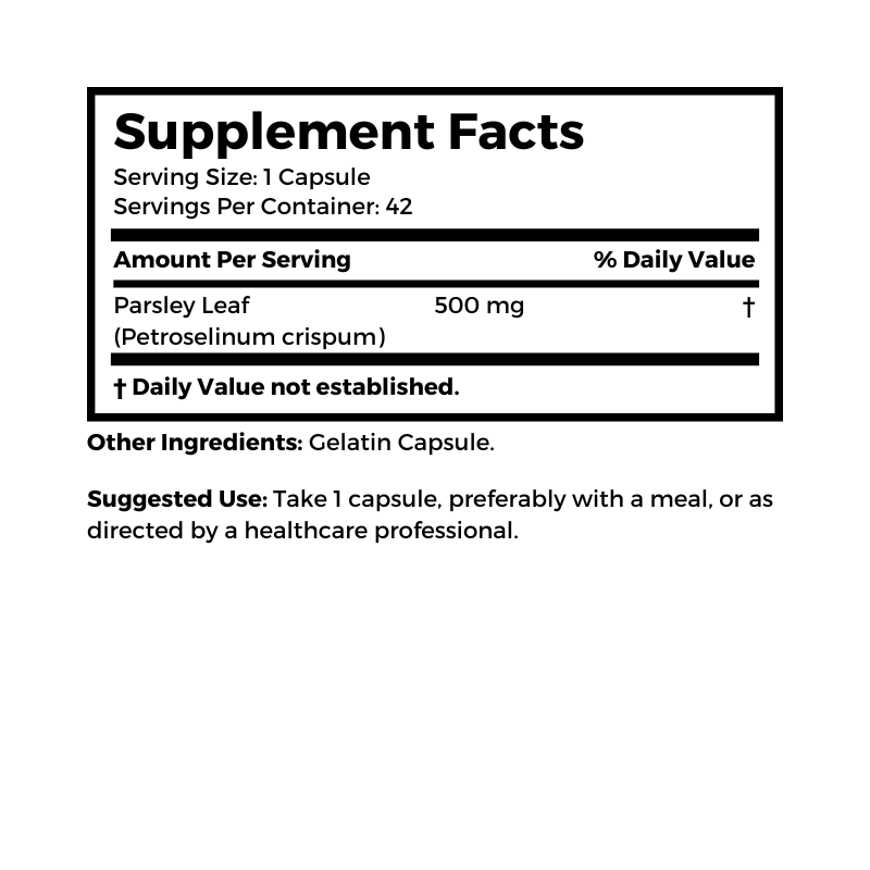 Dr. Clark Store Parsley supplement facts and suggested use