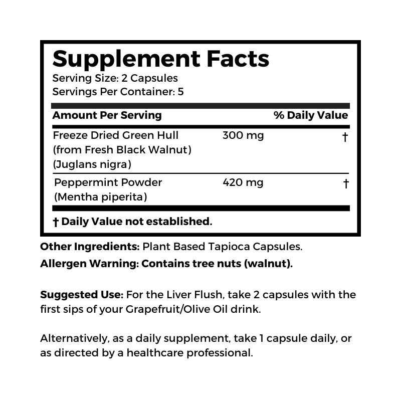 Dr. Clark Store Vegetarian Black Walnut Hull Capsules supplement facts and suggested use