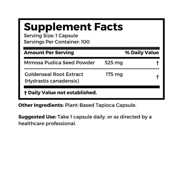 Dr. Clark Store Mimosa Pudica Vegetarian supplement facts and suggested use