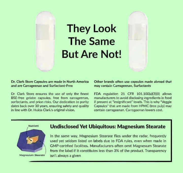 Dr. Clark Store only uses clean capsules with no hidden ingredients. Guaranteed BSE-free, carrageenan-free, and surfactant-free capsules. And we never use magnesium stearate as a manufacturing agent. 