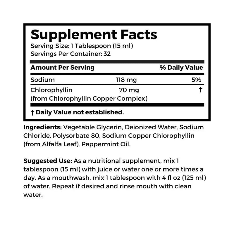Bernard Jensen Products Liquid Chlorophyll Mint Flavor, 16 fl oz supplement facts