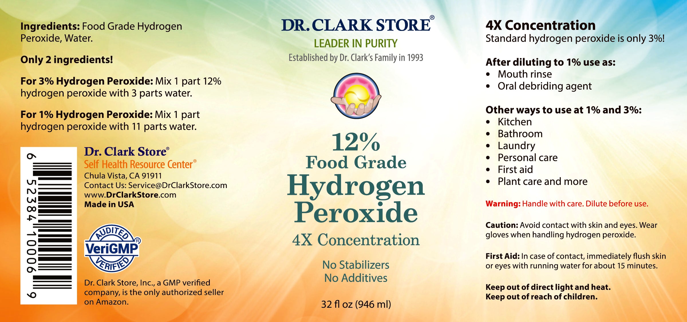 Hydrogen Peroxide 12%, 32 fl oz - Dr. Clark Store